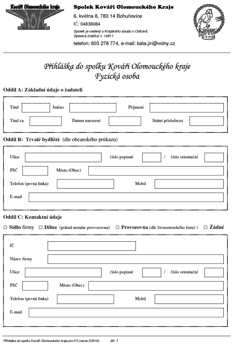 Přihláška do spolku Kováři Olomouckého Kraje