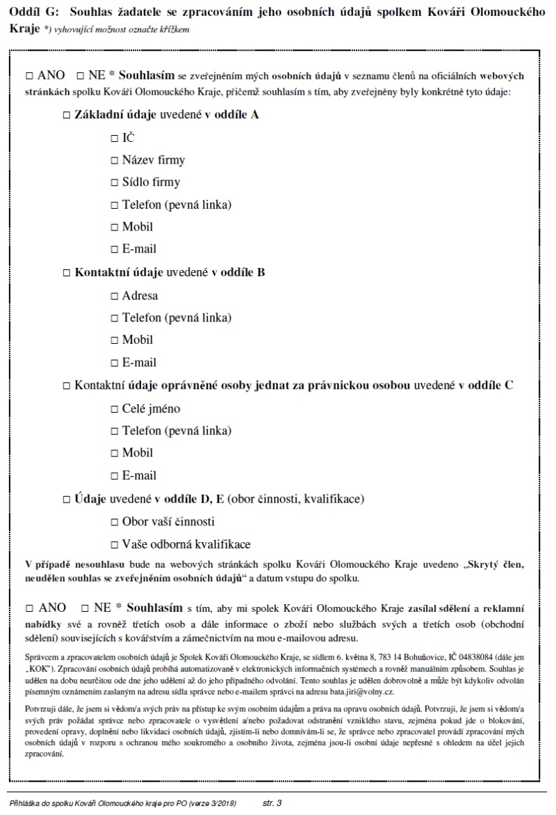 Přihláška do spolku Kováři Olomouckého Kraje